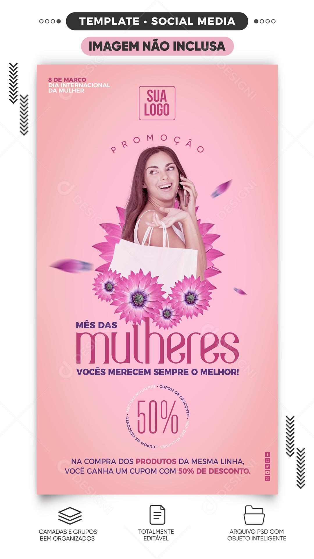 Social Media Dia da mulher com promoções de até 50% de desconto PSD Editável
