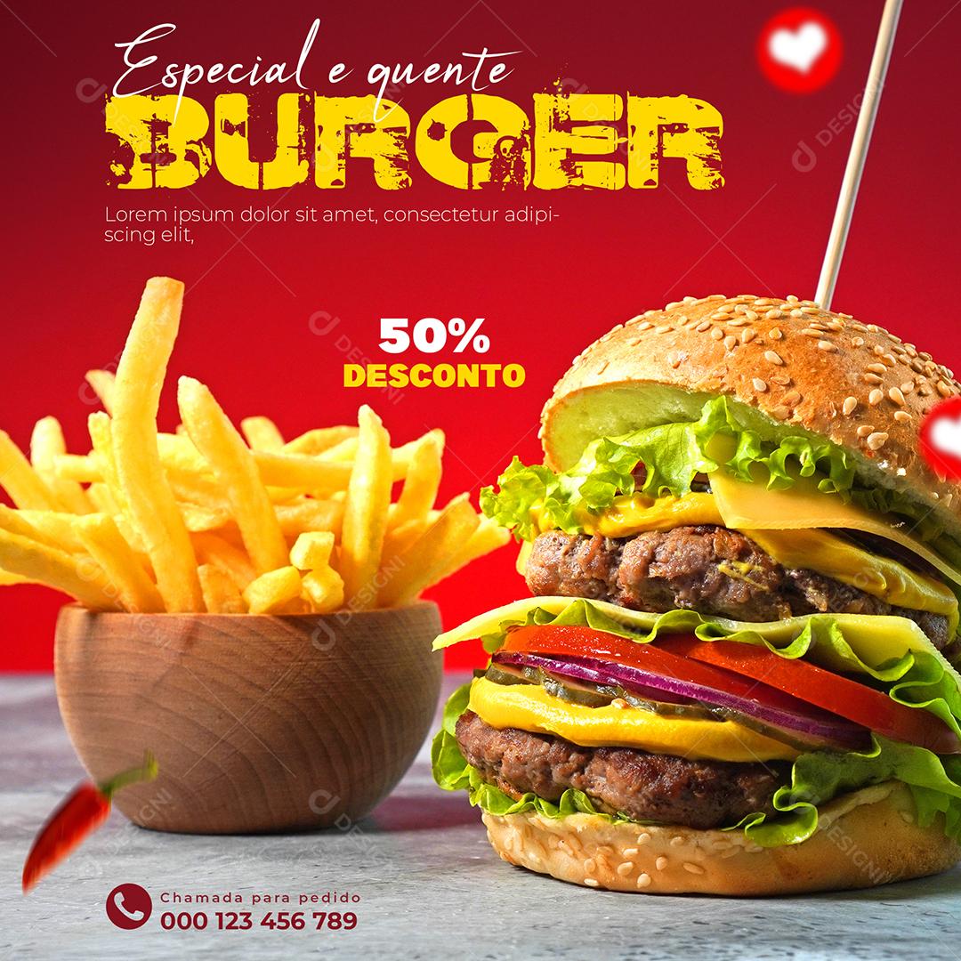 Hambúrgueria Especial e quente Burger 50% Desconto Social Media PSD Editável