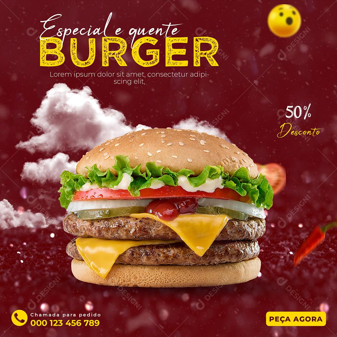 Social Media Especial e quente Burger 50% Desconto Hambúrgueria PSD Editável