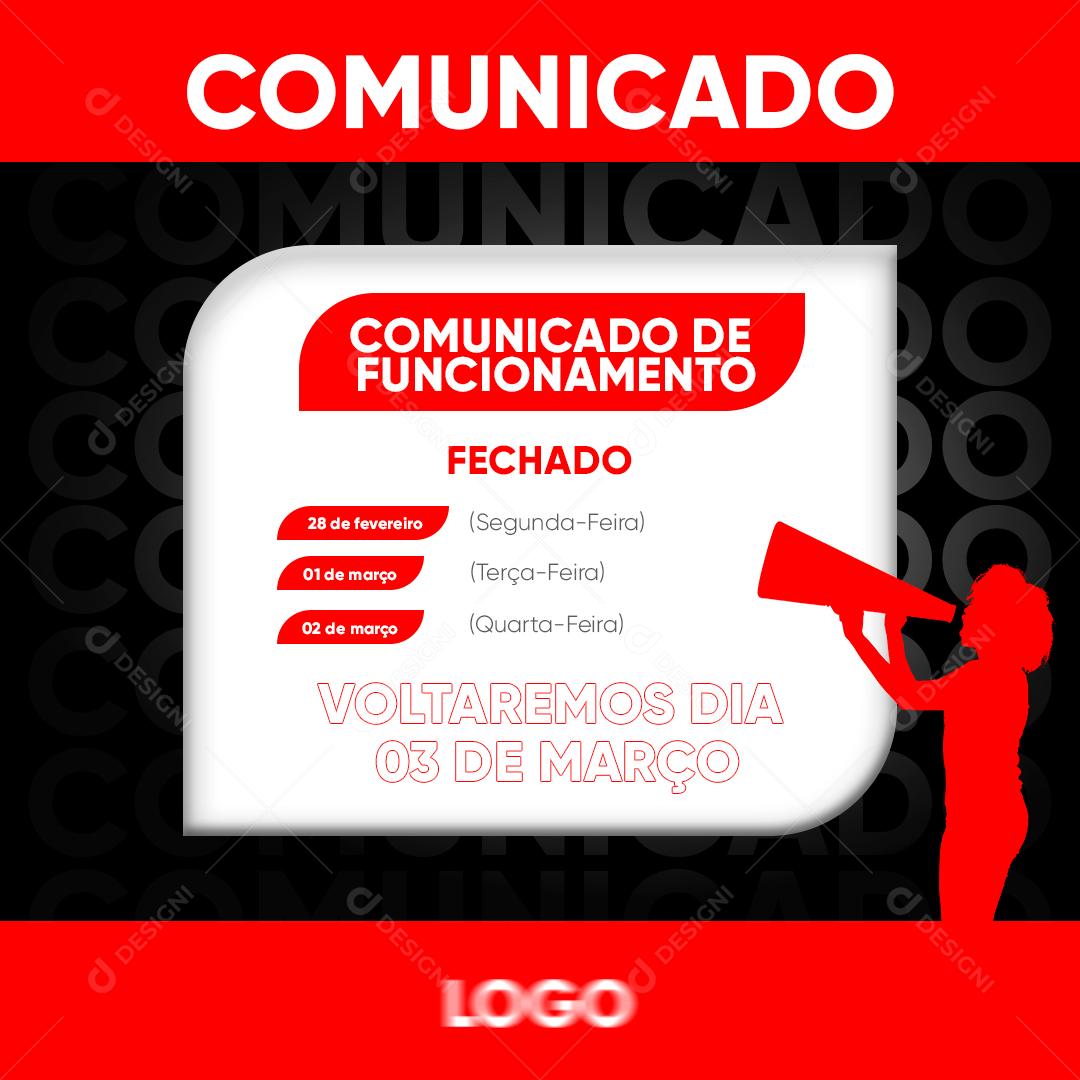 Comunicado de Funcionamento Social Media PSD Editável