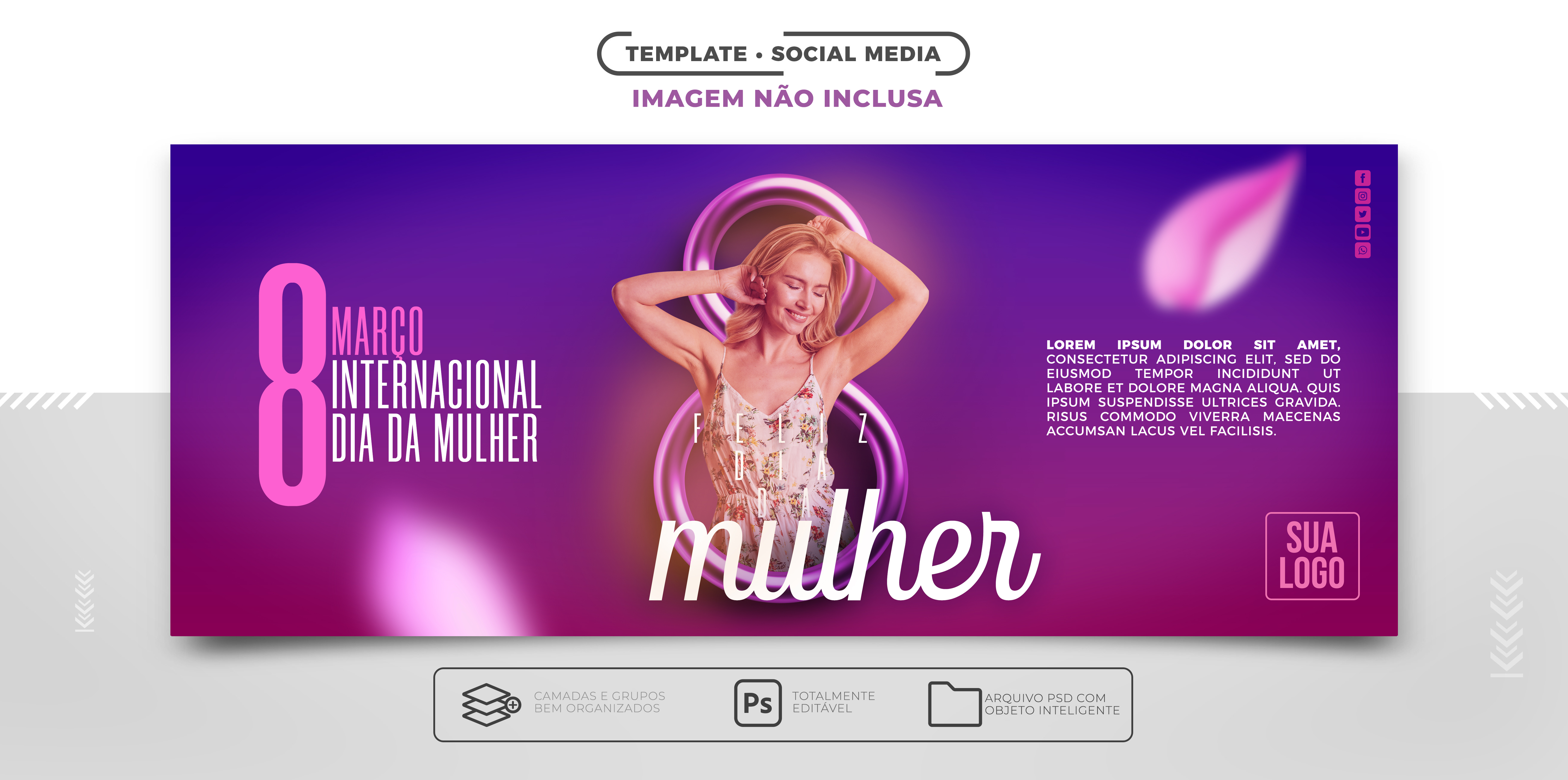 Banner de Mídia Social Feliz Dia Internacional da Mulher 8 de Março PSD Editável