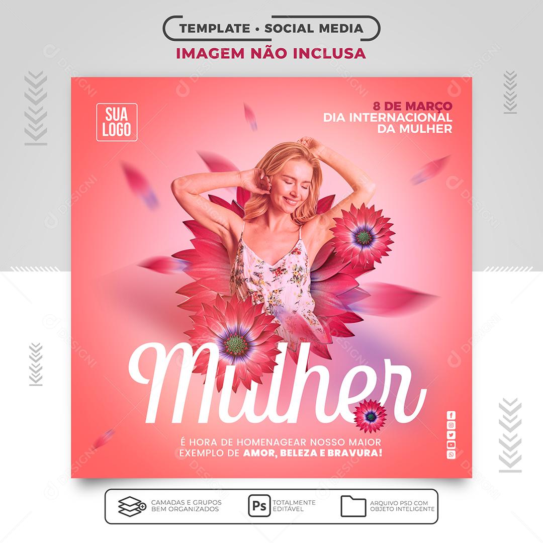 Feed de Mídia Social Dia Internacional da Mulher 8 de Março com Flores de Margarida PSD Editável