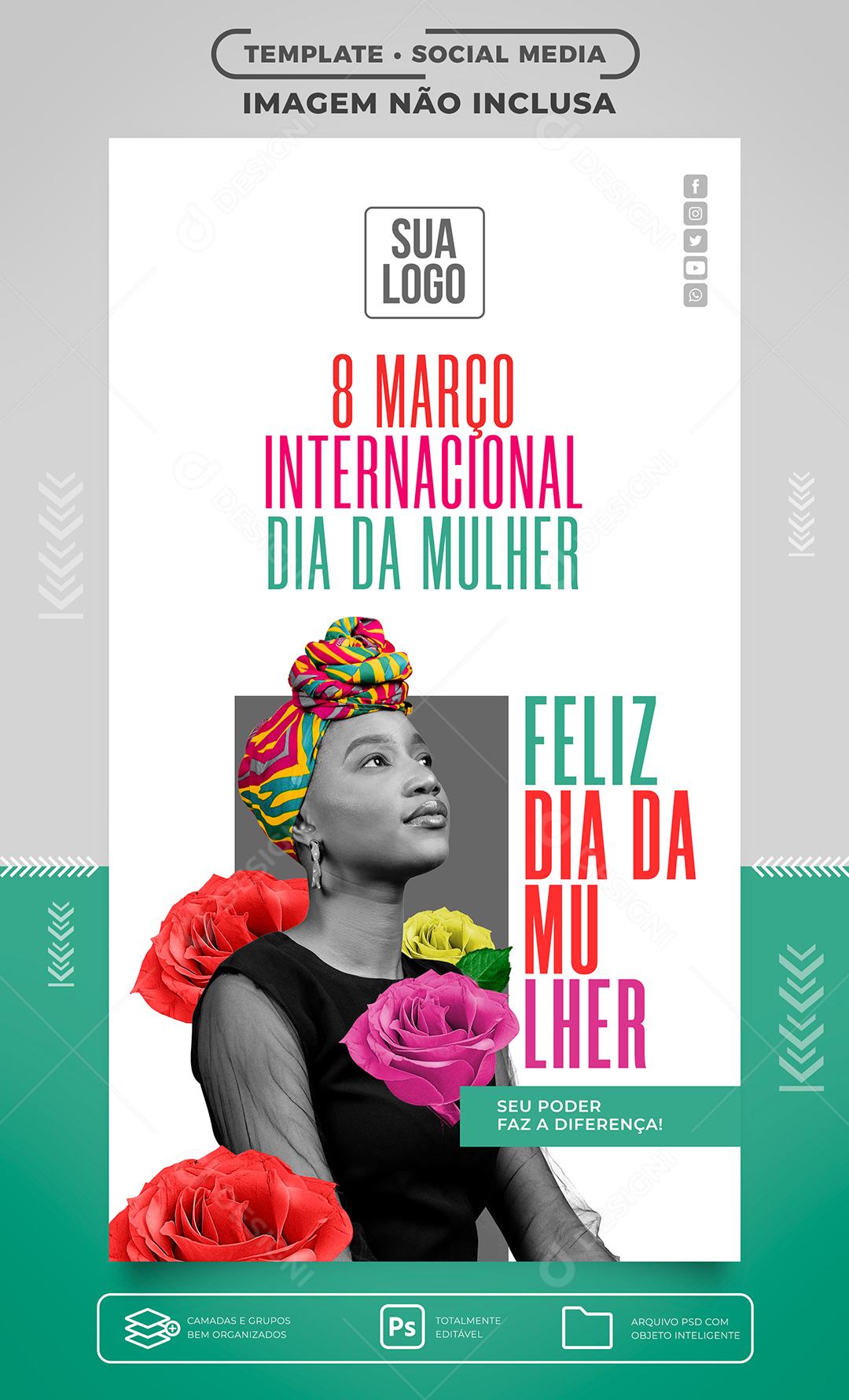 Stories de Mídia Social Feliz Dia Internacional da Mulher 8 de Março PSD Editável