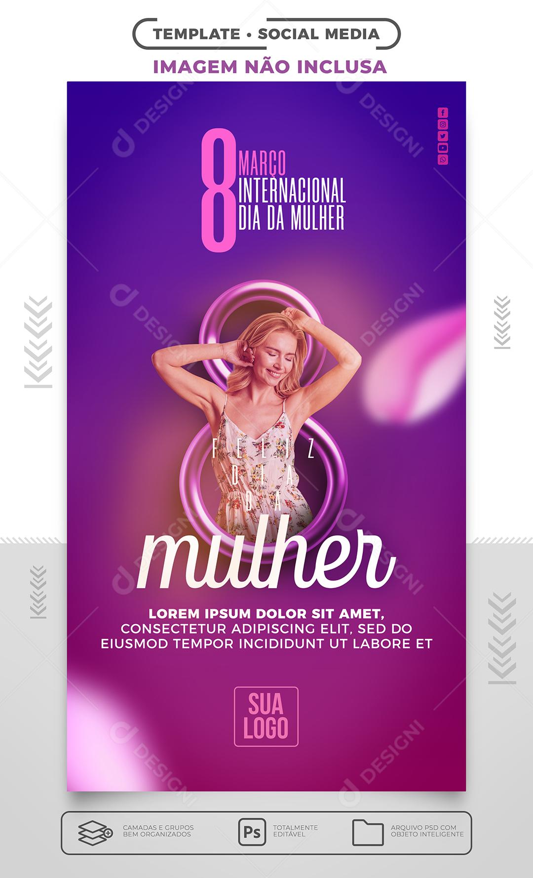 Stories de Mídia Social Feliz Dia Internacional da Mulher 8 de Março de Ouro PSD Editável