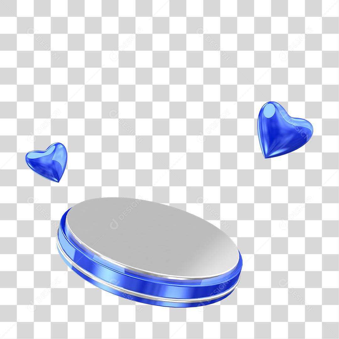Podium Azul com Corações Elemento 3D Para Composição PNG Transparente