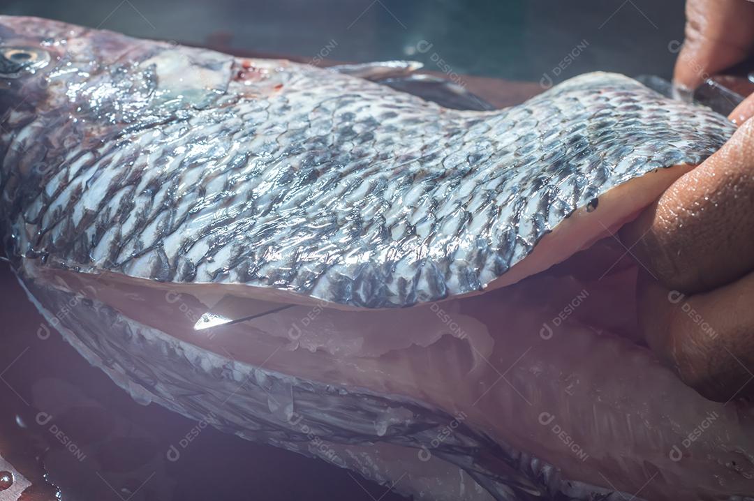 Peixe tilápia usando uma faca, homem limpando um peixe em uma mesa