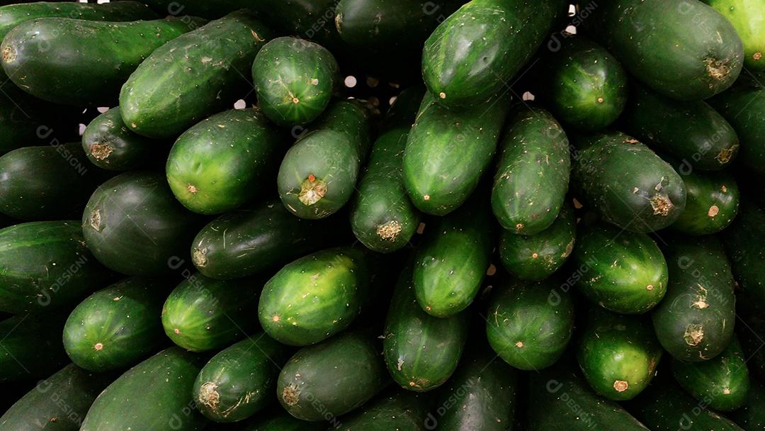 Pepino fresco verde à venda na mercearia. Alimentação saudável