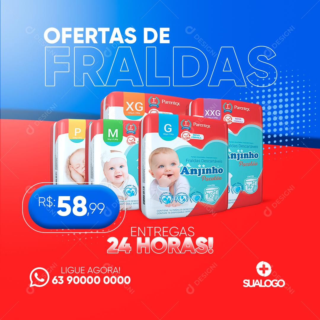 Post Farmácia Ofertas de Fraldas Entrega 24 Horas Social Media PSD Editável