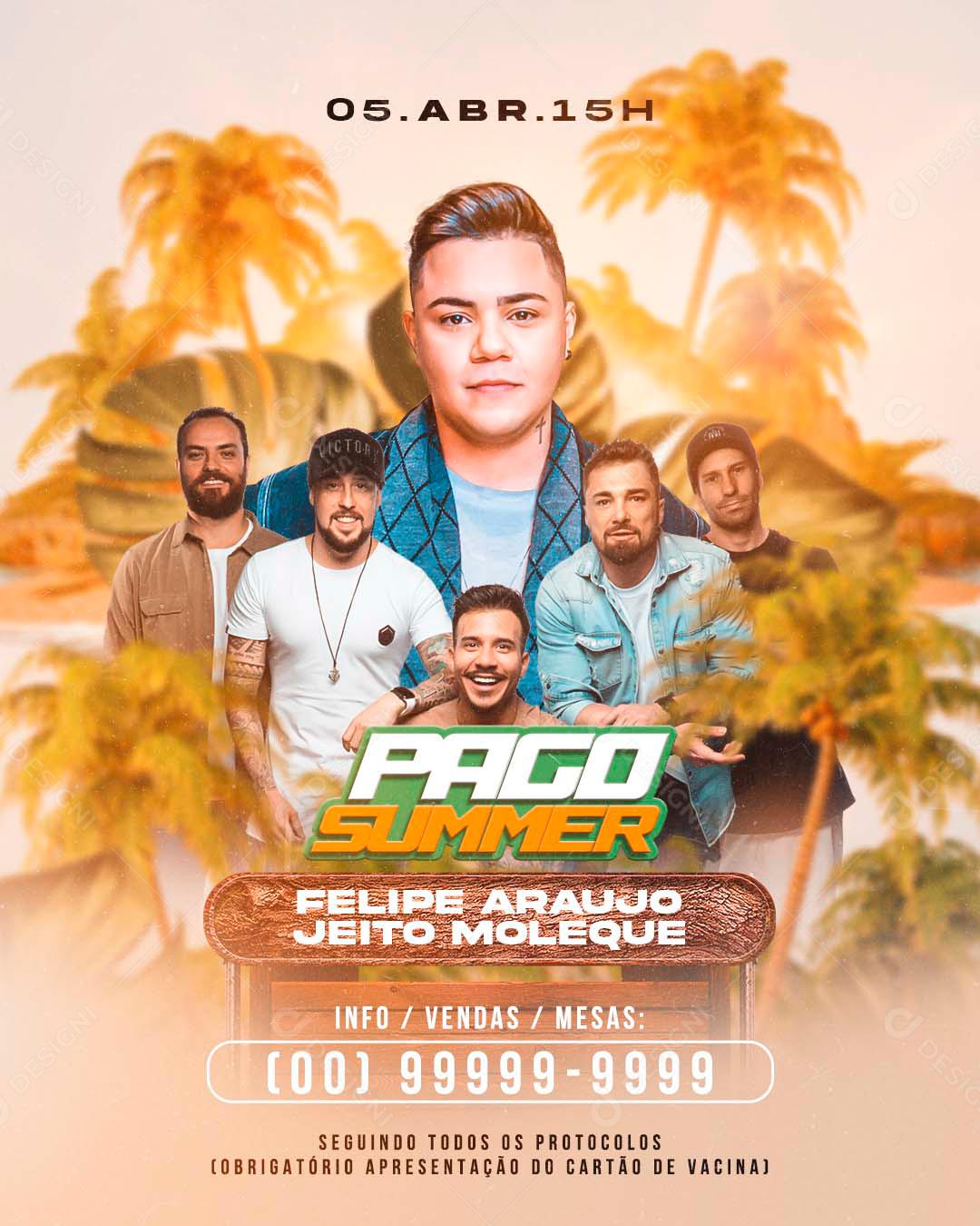 Flyers Pago Summer Felipe Araújo e Jeito Moleque Agenda Social Media PSD Editável