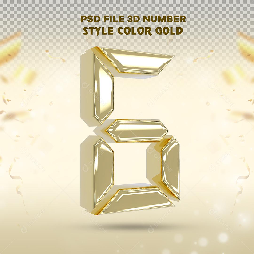 Elemento 3D Número 6 Dourado Para Composição PSD