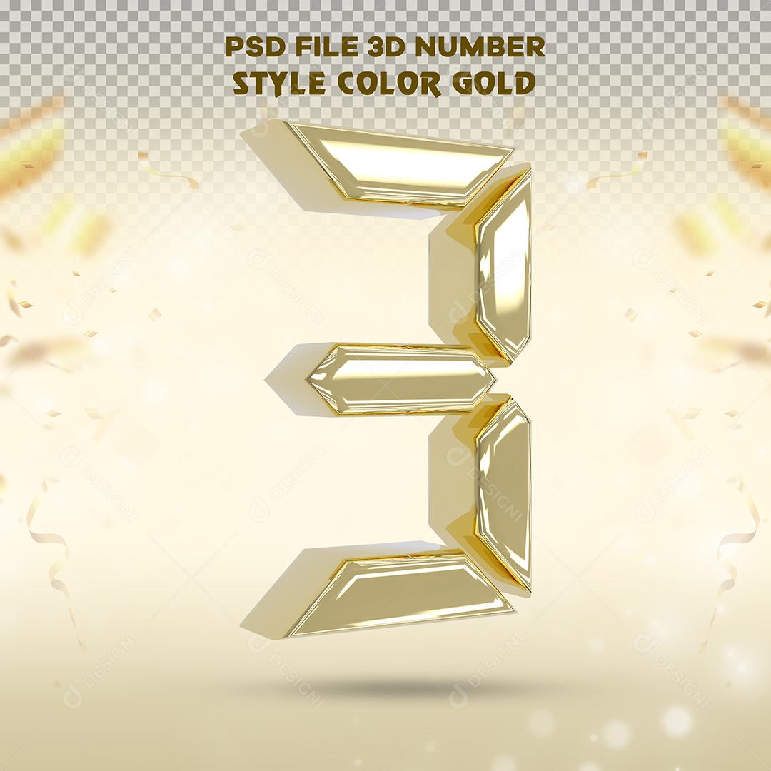 Elemento 3D Número 3 Dourado Para Composição PSD