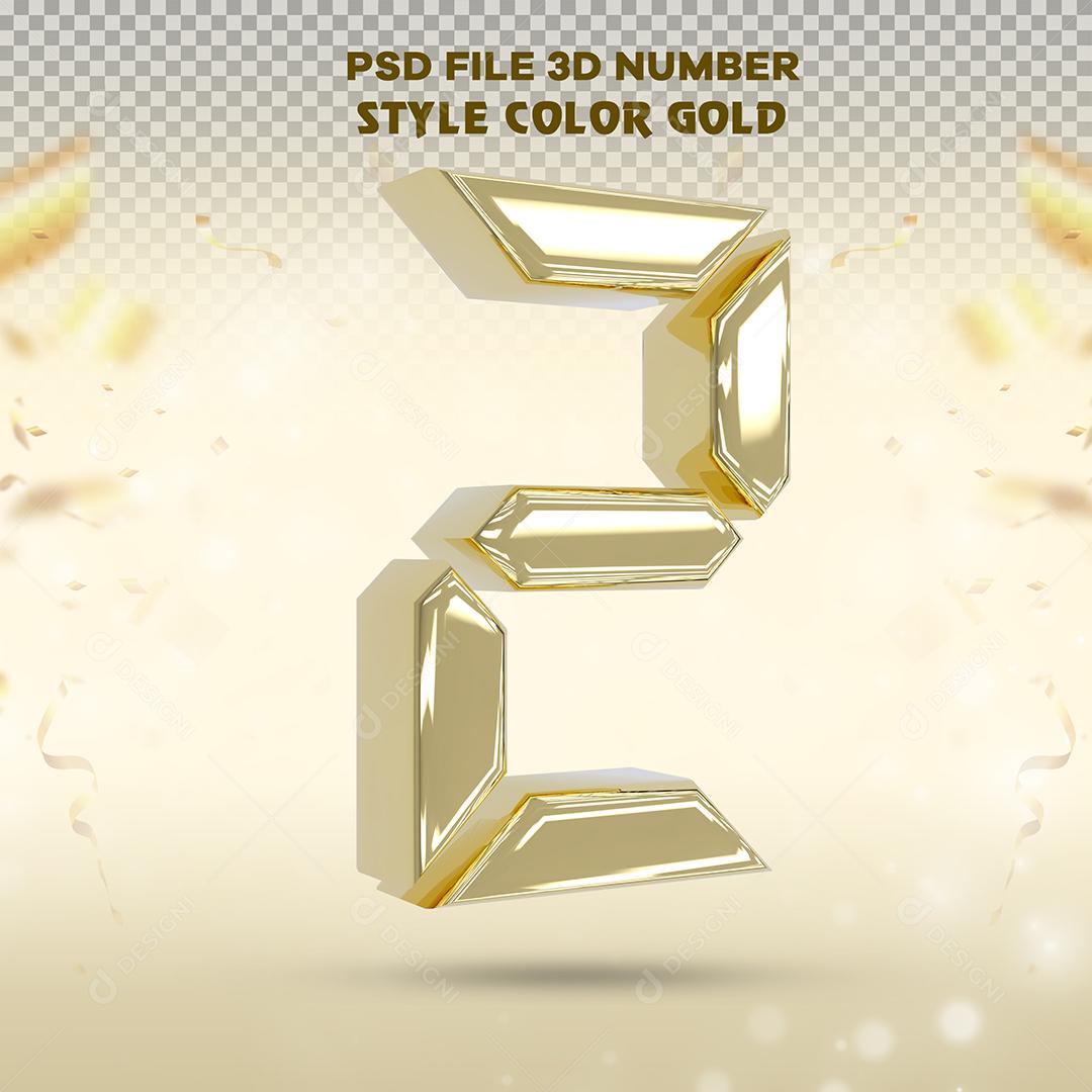 Elemento 3D Número 2 Dourado Para Composição PSD
