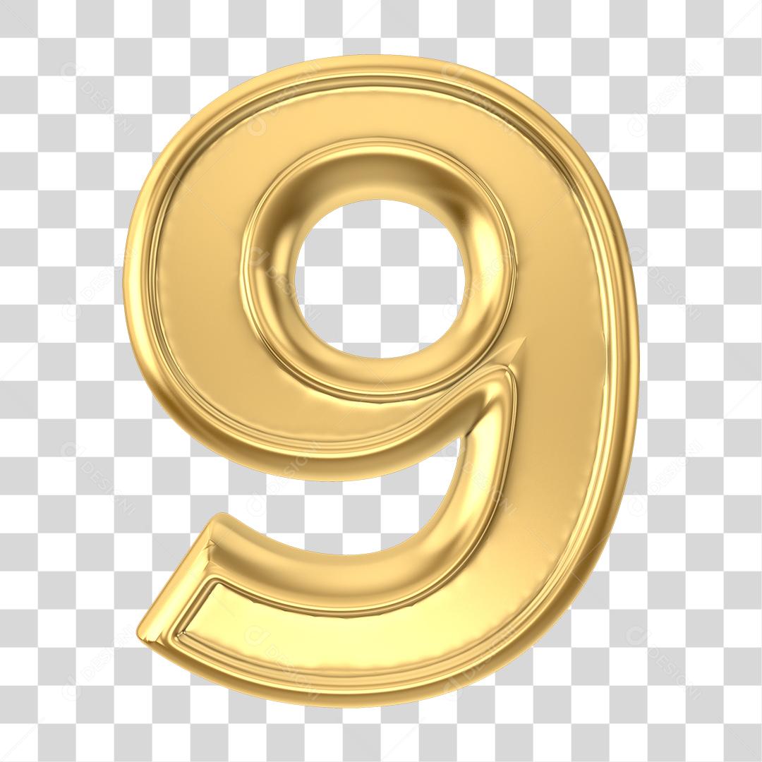 Numero 9 3D Elemento Dourado PNG Transparente