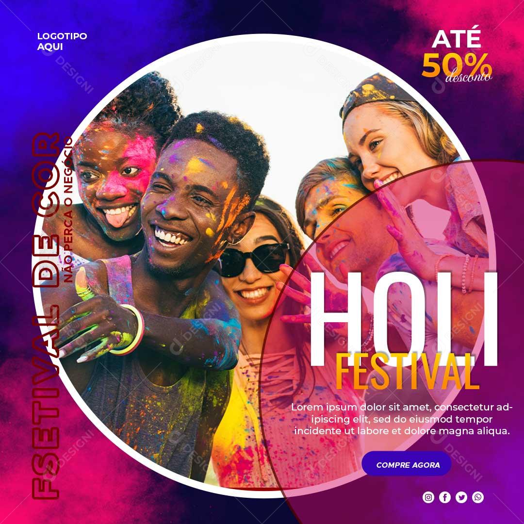 Social Media Holi Festival Até 50% Desconto Lojas PSD Editável