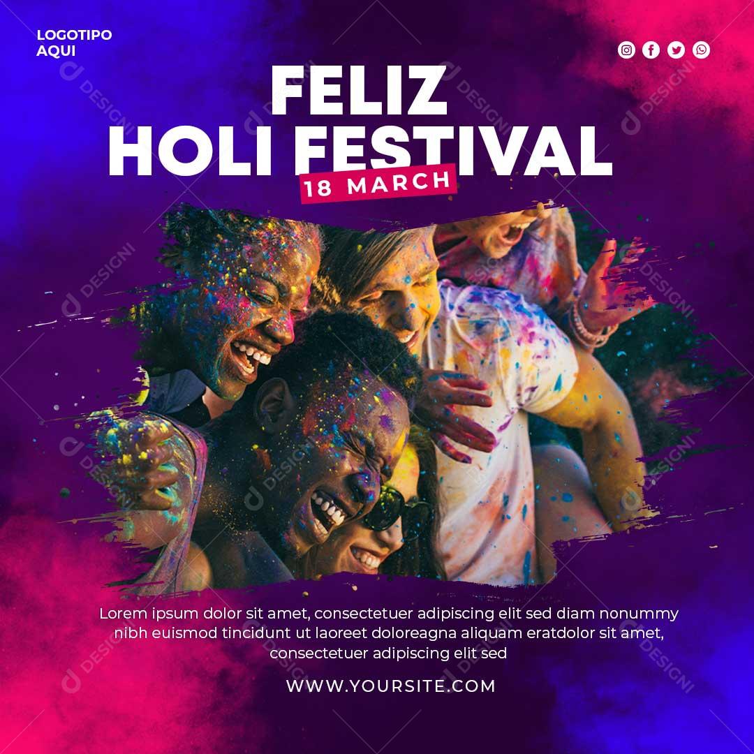 Social Media Feliz Holi Festival 18 De Março PSD Editável