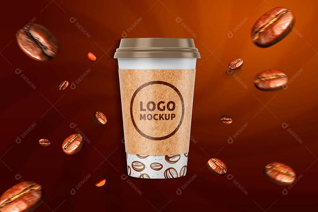 Mockup Logo Gravado No Copo E Grãos De Café Para Composição PSD