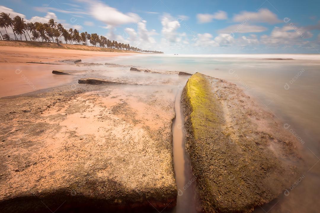 Paisagem de praia tropical com coqueiros e rochas longas exposições