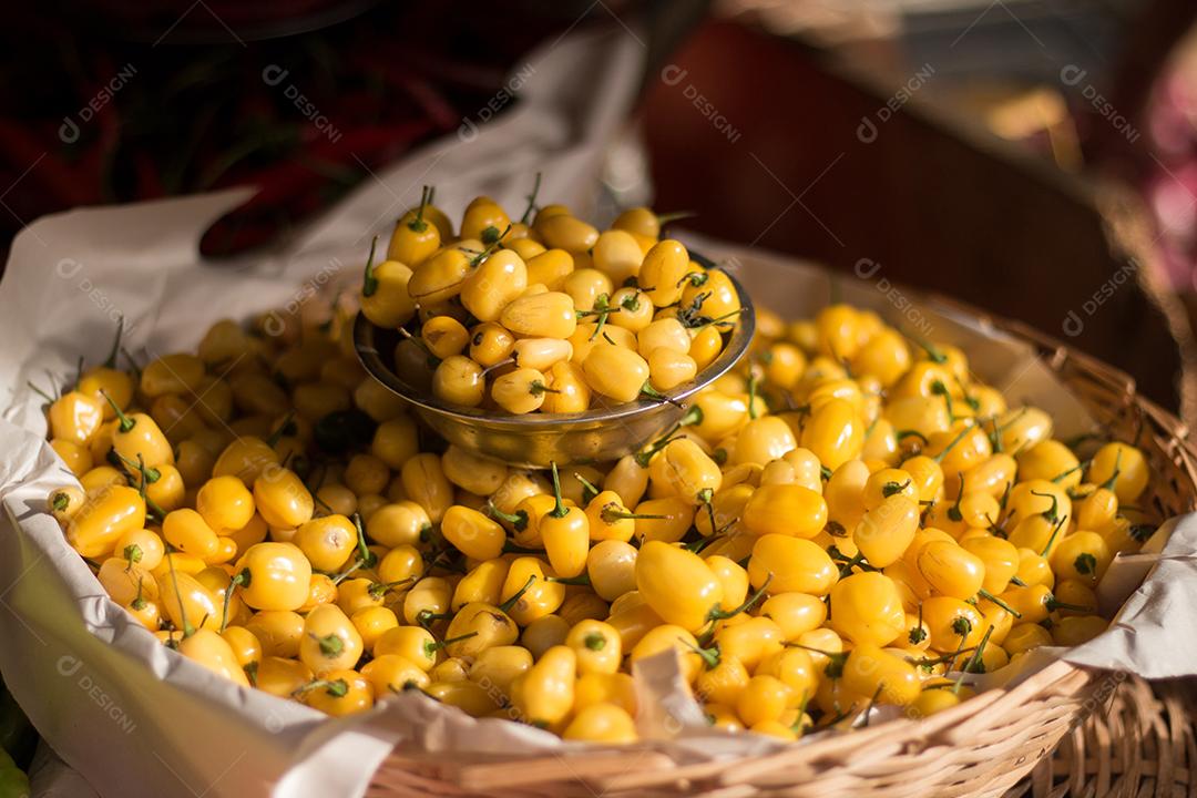 pilha de pimentas à venda em uma feira popular.
