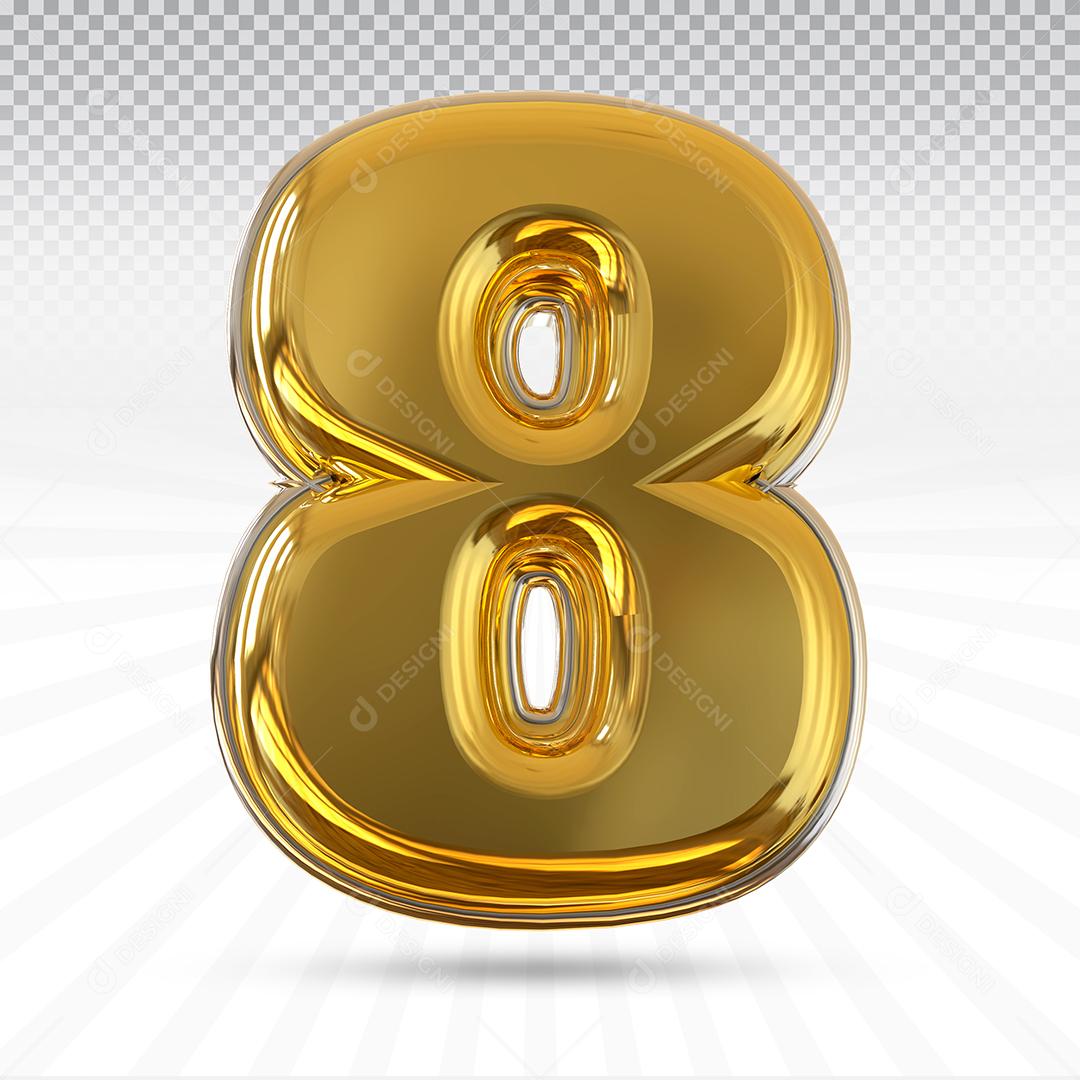 Número 8 3D Dourado Elemento Para Composição PSD