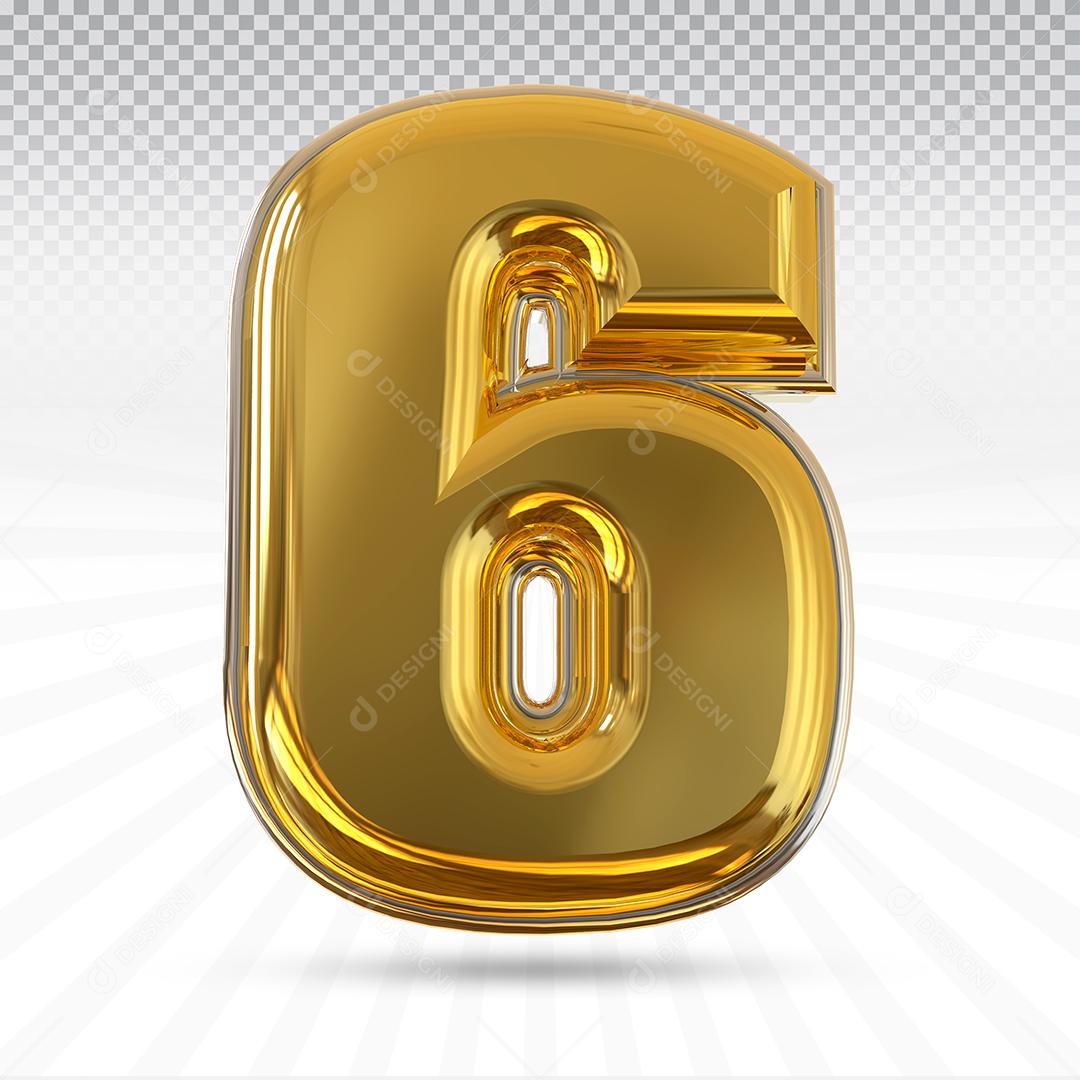 Número 6 3D Dourado Elemento Para Composição PSD