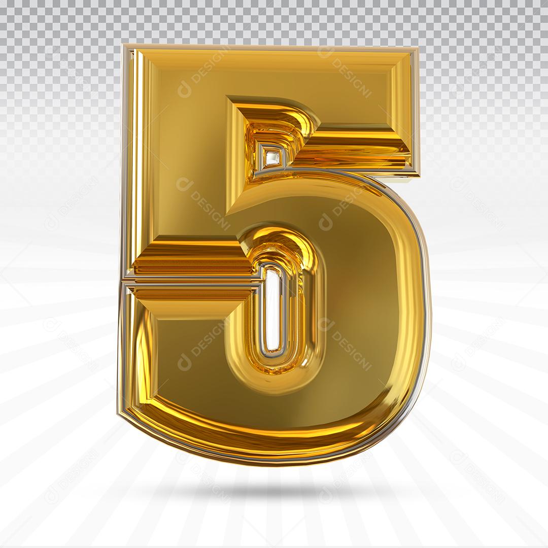 Número 5 3D Dourado Elemento Para Composição PSD