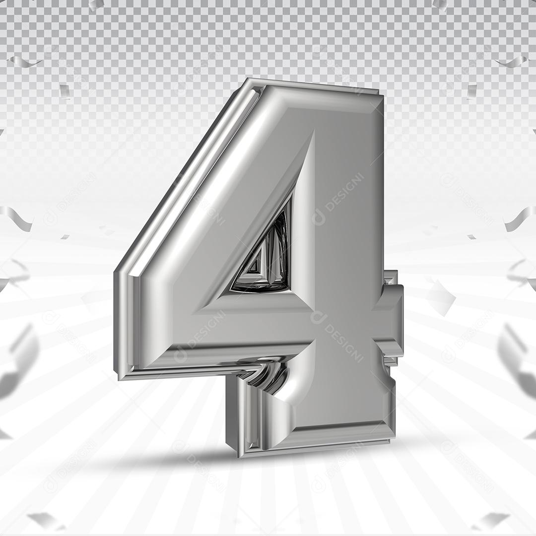 Número 4 3D Prata Elemento Para Composição PSD