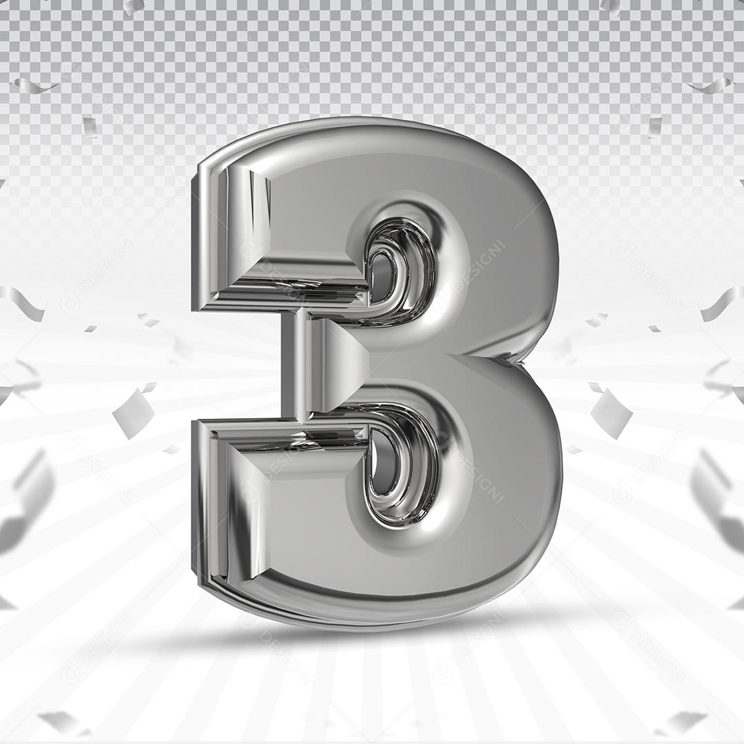 Número 3 3D Prata Elemento Para Composição PSD