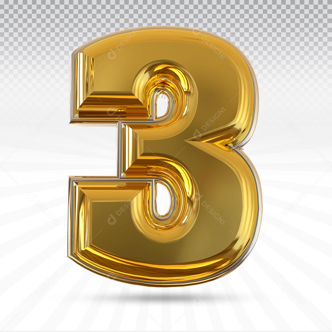 Número 3 3D Dourado Elemento Para Composição PSD