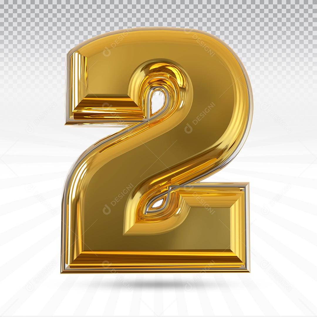 Número 2 3D Dourado Elemento Para Composição PSD