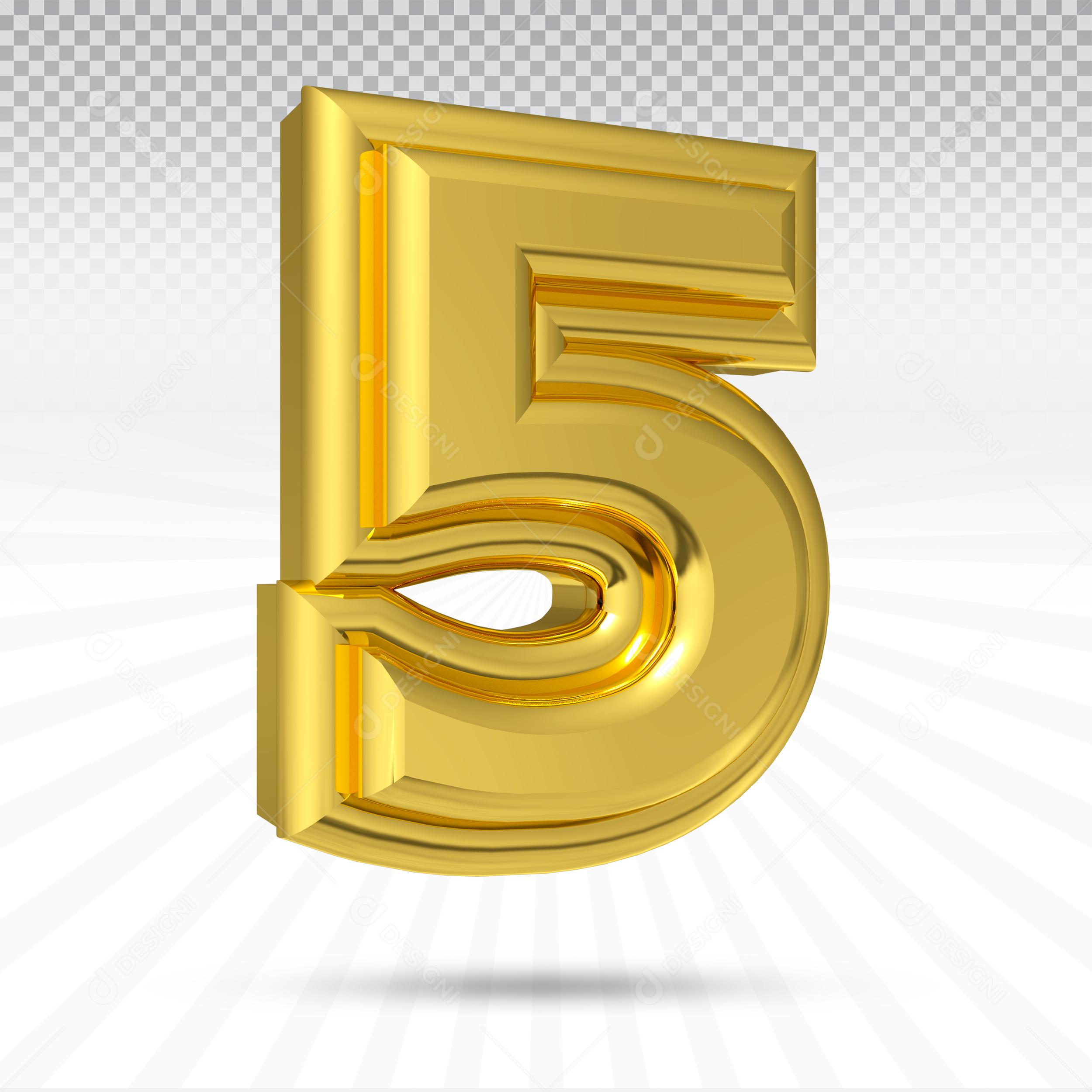 Elemento 3D Número 5 Dourado Para Composição PSD