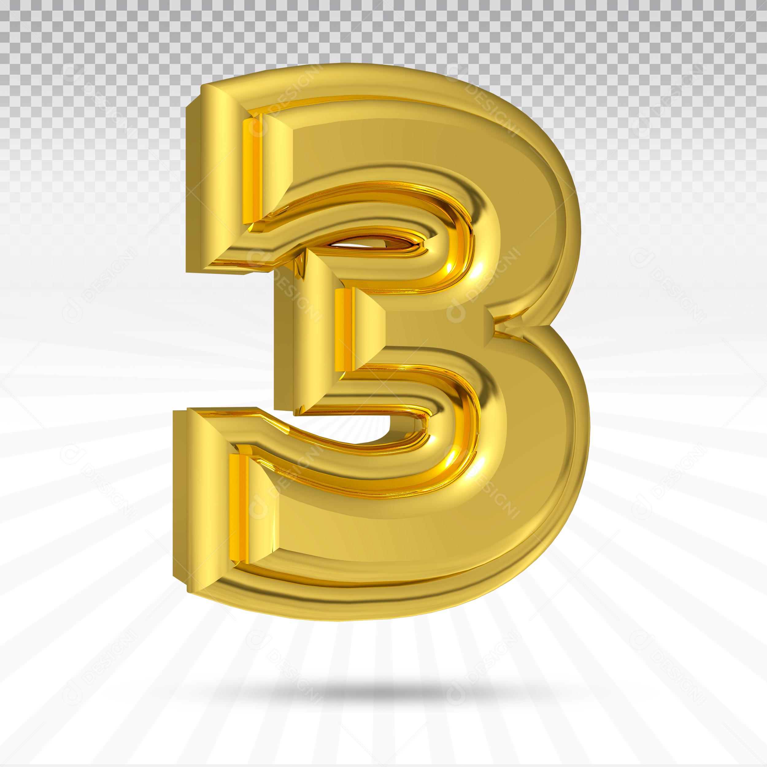Elemento 3D Número 3 Dourado Para Composição PSD
