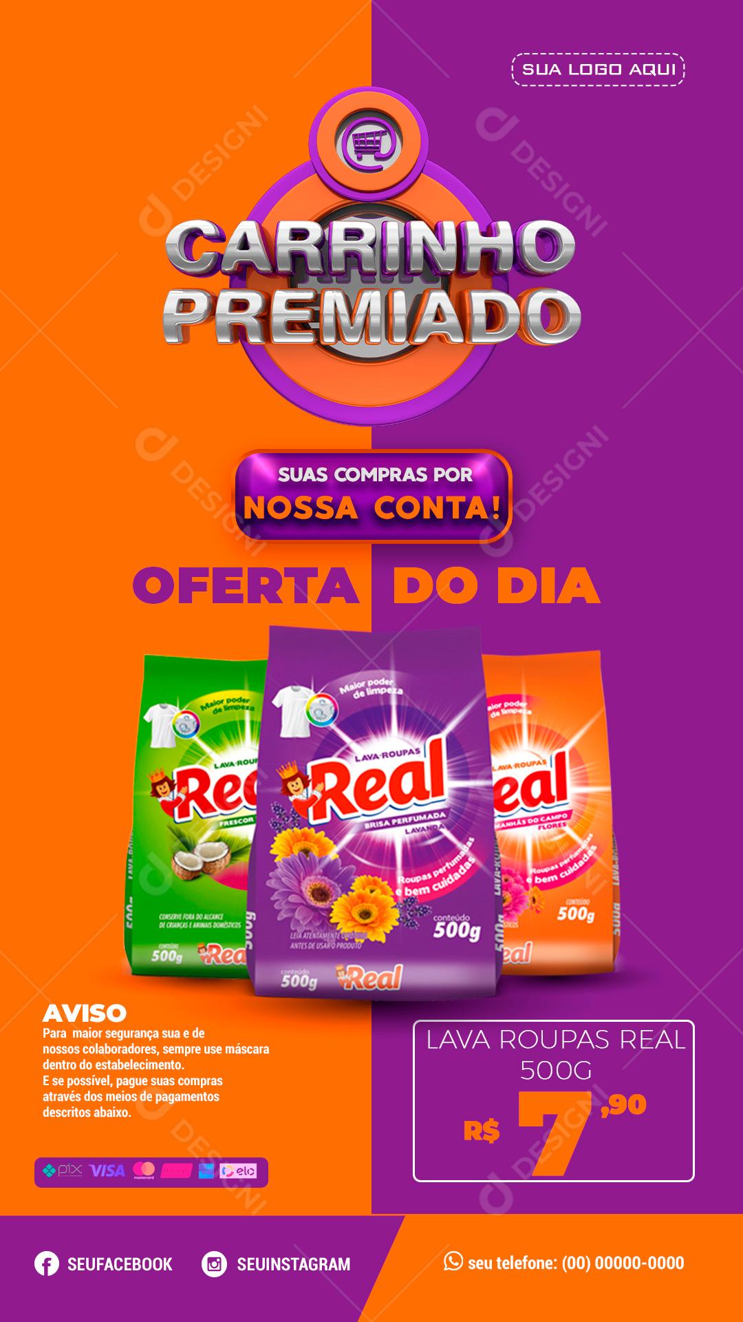Carrinho Premiado Oferta Do Dia Lava Roupas Real Social Media PSD Editável