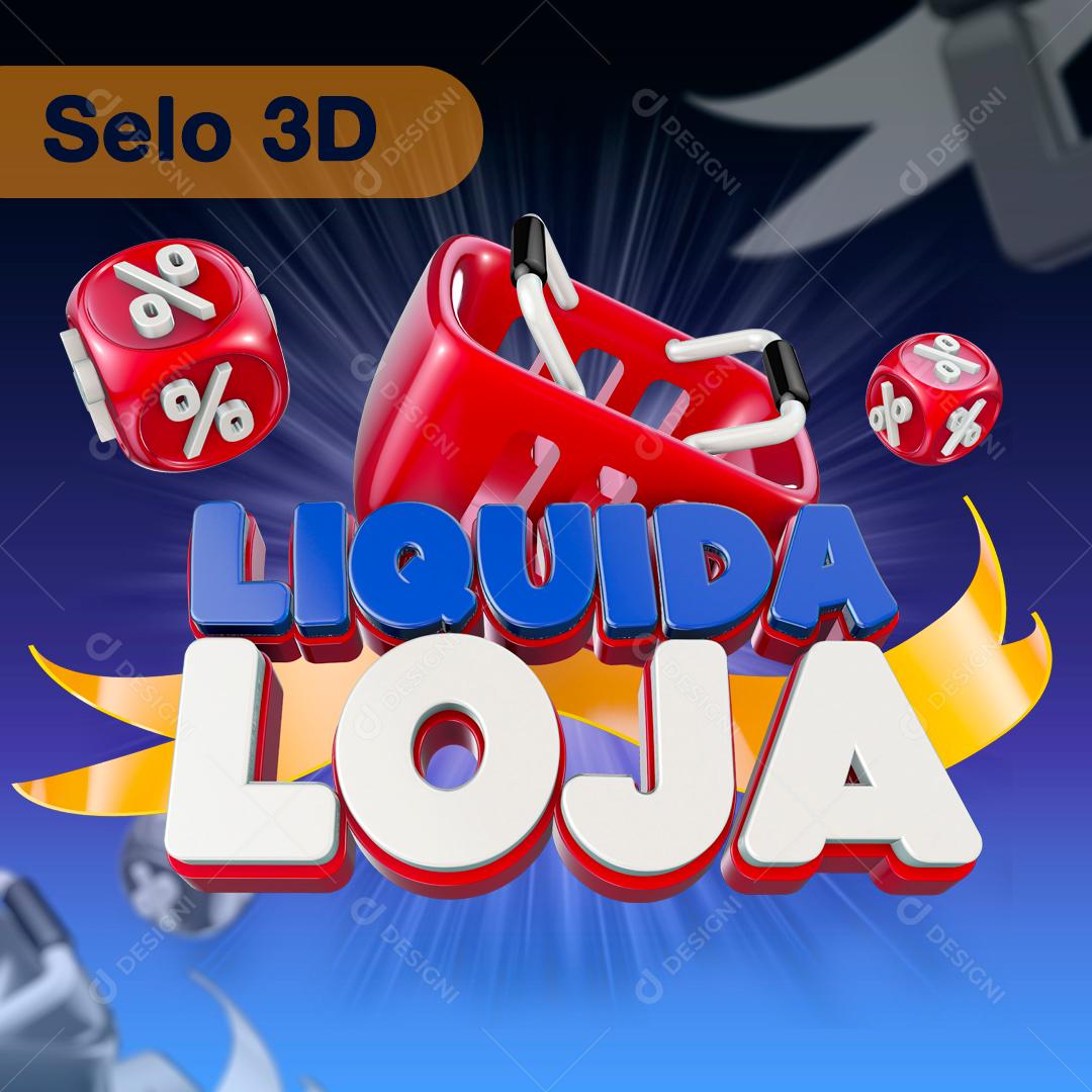 Selo 3D Liquida Loja Azul e Branco Para Composição PNG Transparente Sem Fundo