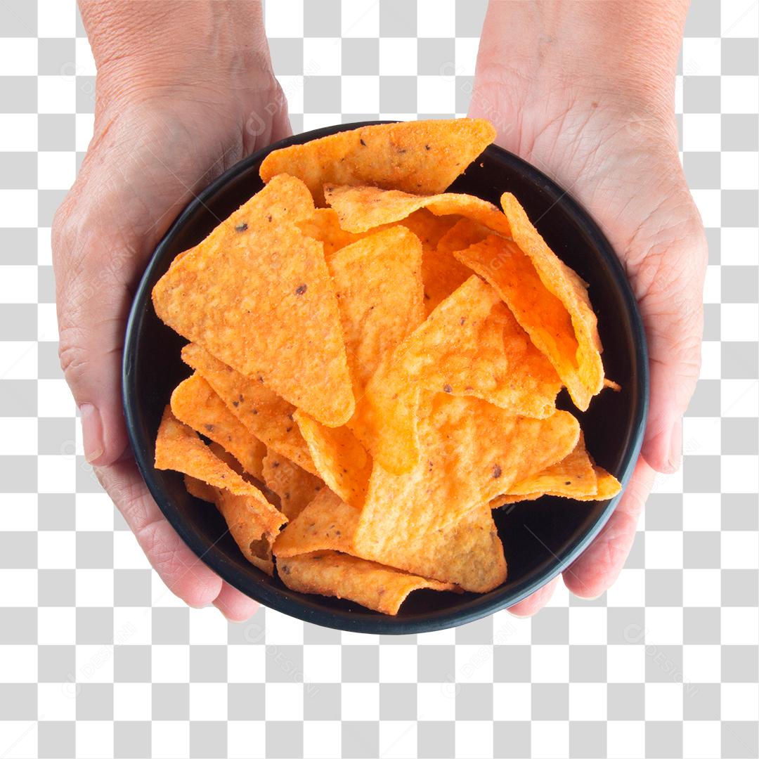 Mão segurando tigela com salgadinho PNG Transparente