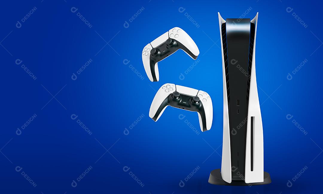 Console e controladores da próxima geração com fundo azul.