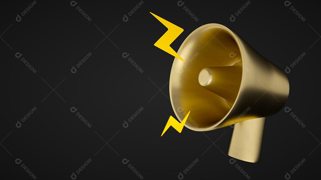 Conceito de tempo de marketing, megafone dourado 3D realista, alto-falante