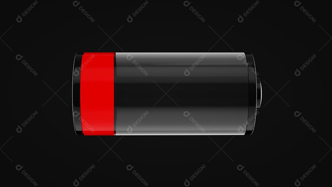 Ícone de carga em fundo preto, a bateria está fraca. Renderização 3D.