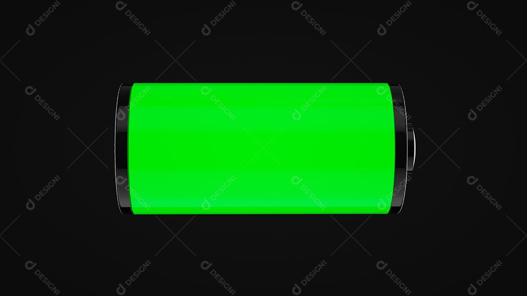 Ícone de carga em fundo preto, a bateria está cheia. Renderização 3D.