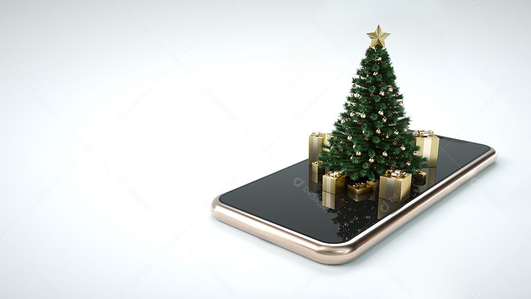 Ilustração 3D incomum da árvore de Natal no telefone. Natal