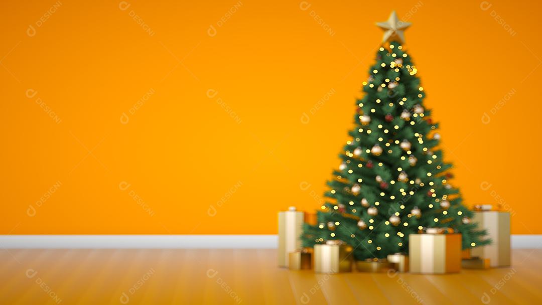 Incrível árvore de luxo de Natal sem foco com caixas de presente douradas