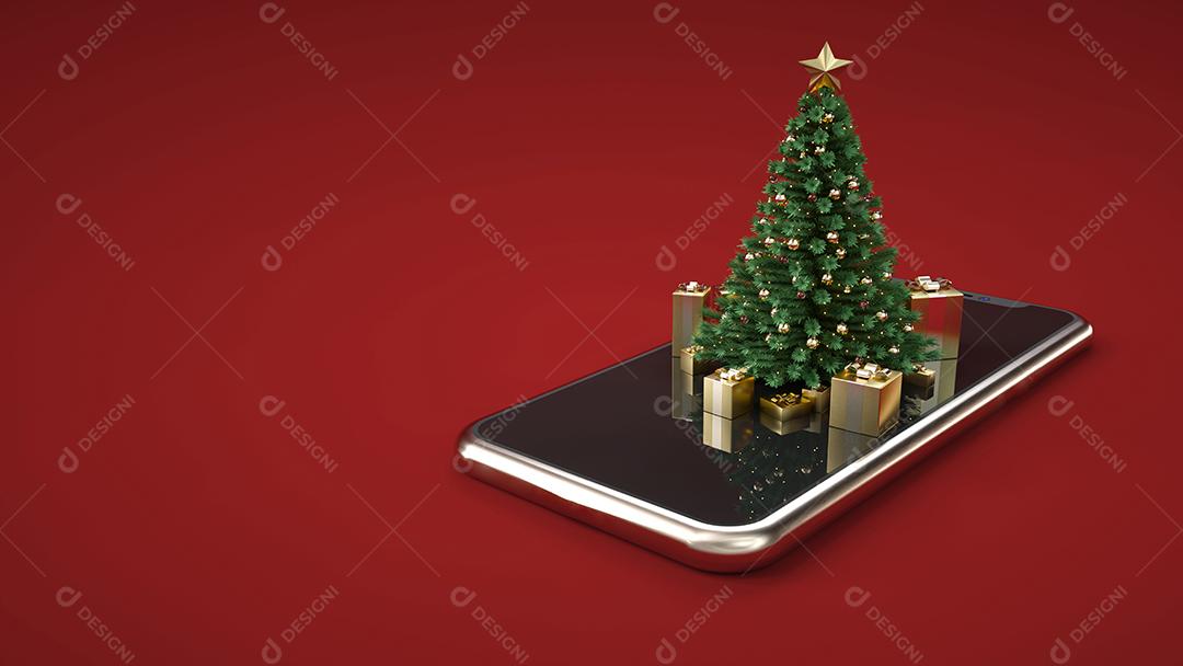 Ilustração 3D incomum da árvore de Natal no smartphone. Natal