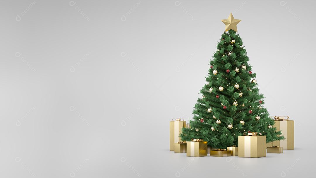 Árvore de Natal de luxo incrível com caixas de presente douradas e laterais