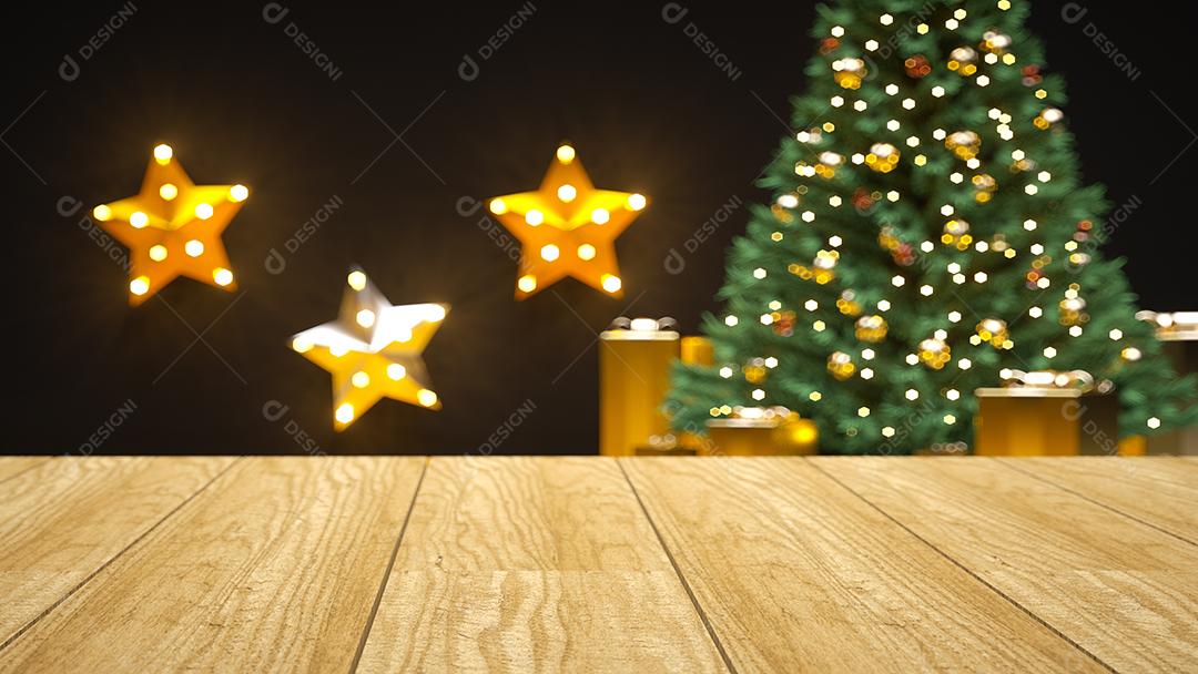 Fundo de natal e ano novo com mesa de deck de madeira vazia