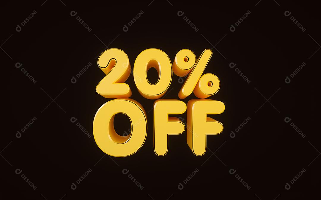 renderização 3D de sinal amarelo de 20% em fundo preto. Desconto