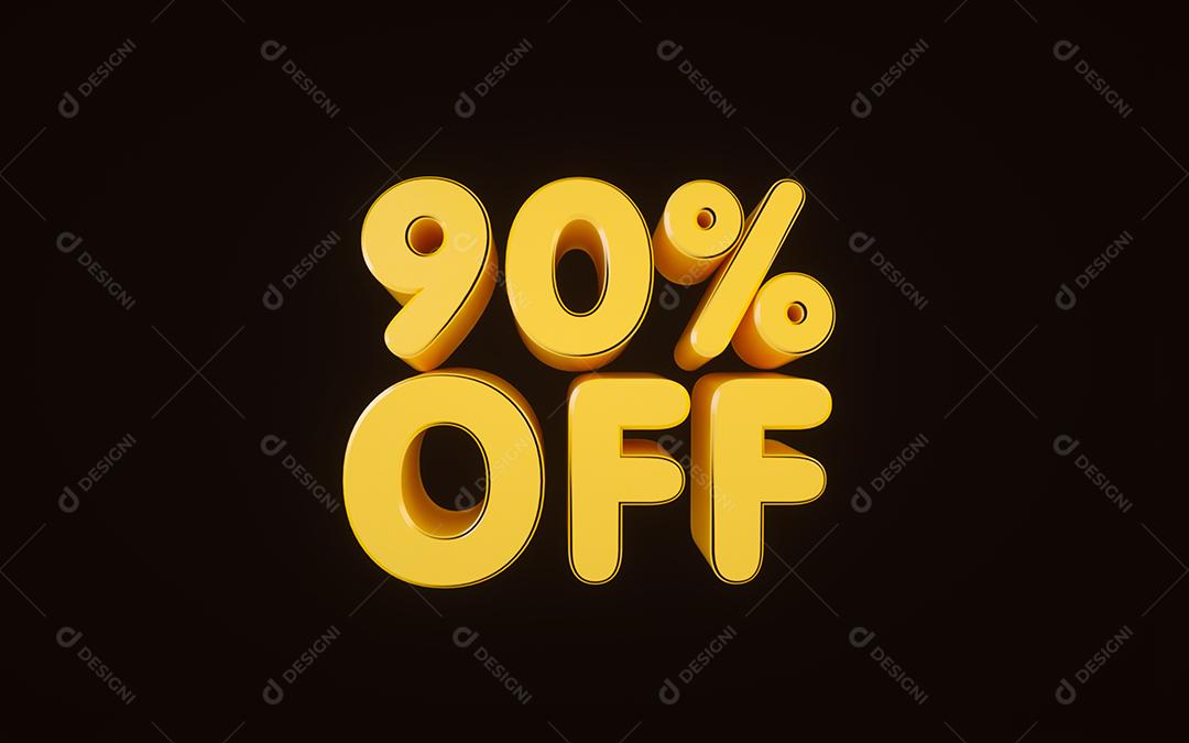 renderização 3D de sinal amarelo de 90% em fundo preto. Desconto