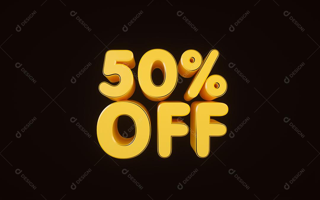 renderização 3D de sinal amarelo de 50% em fundo preto. Desconto