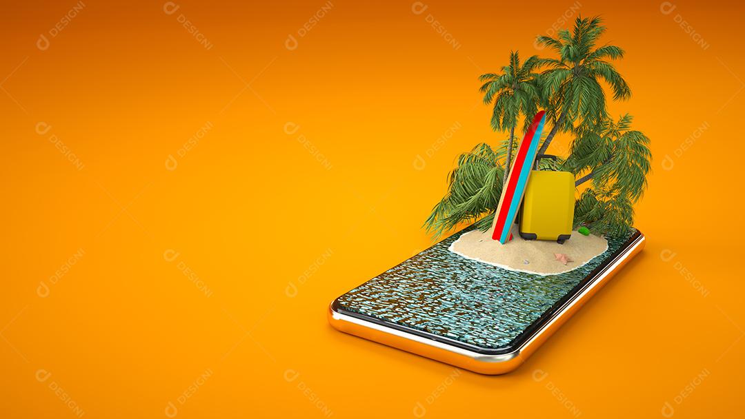 Ilha tropical com palmeiras, mala e prancha de surf em uma tela de smartphone Foto Premium
