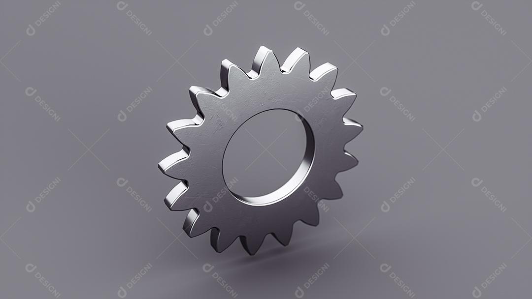 Símbolo de engrenagem metálica em um fundo cinza. Mecanismo de engrenagem 3D. Renderização 3D.