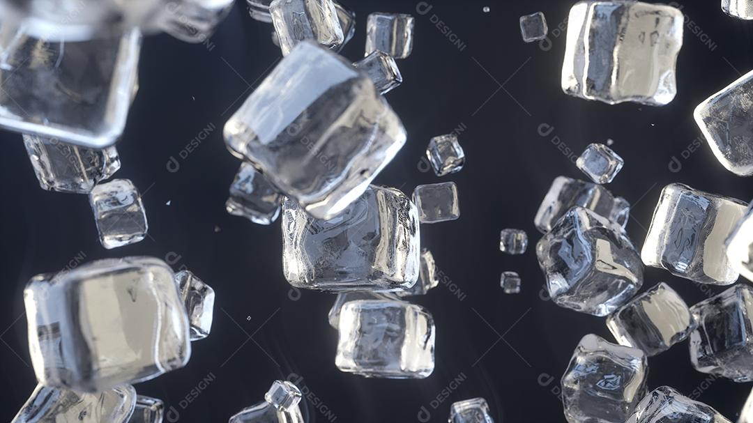 Cubos de gelo caindo sobre fundo azul escuro. Cristais de gelo. Renderização 3D