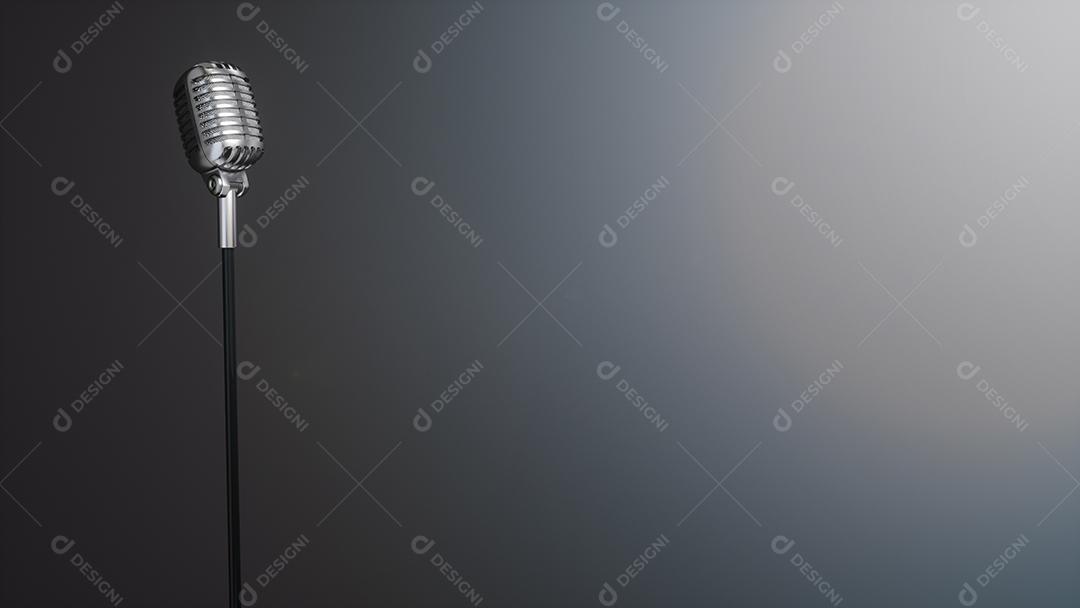 Microfone de prata retrô sobre fundo cinza. Renderização 3D.